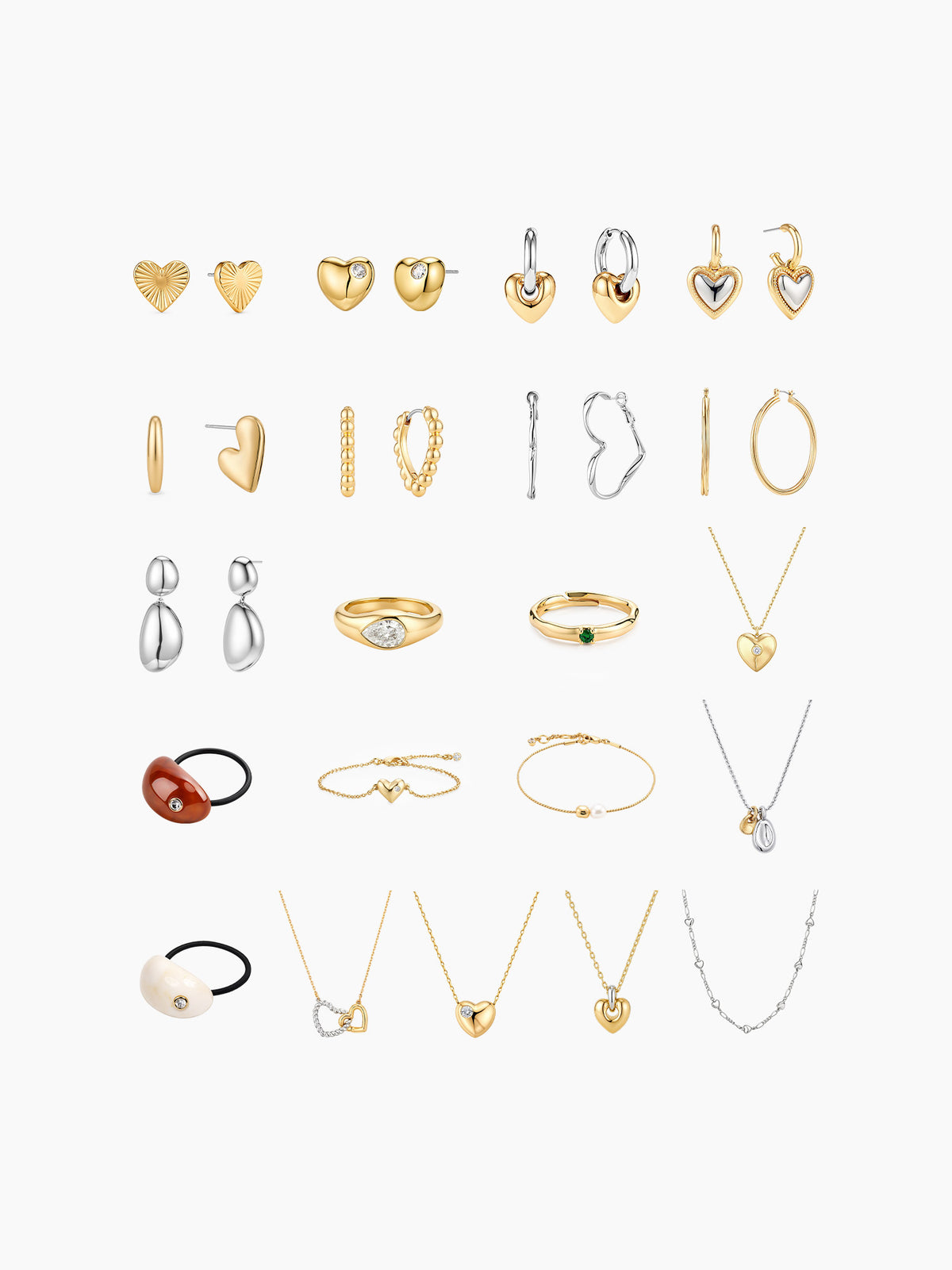 A flat-lay grid display of the earring assortment included in the kit, showing pairs of gold and silver earrings (studs, hoops, and drops) arranged neatly.