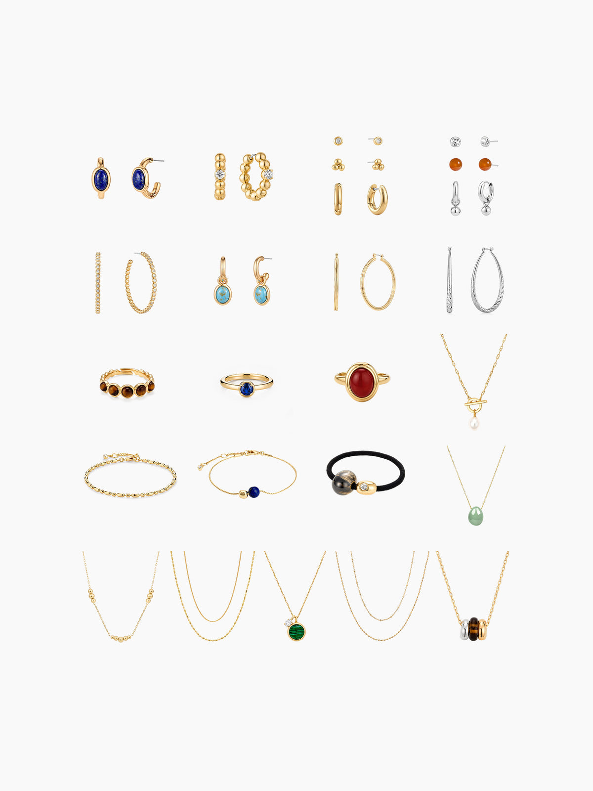 A flat-lay grid display of the earring assortment included in the kit, showing pairs of gold and silver earrings (studs, hoops, and drops) arranged neatly.