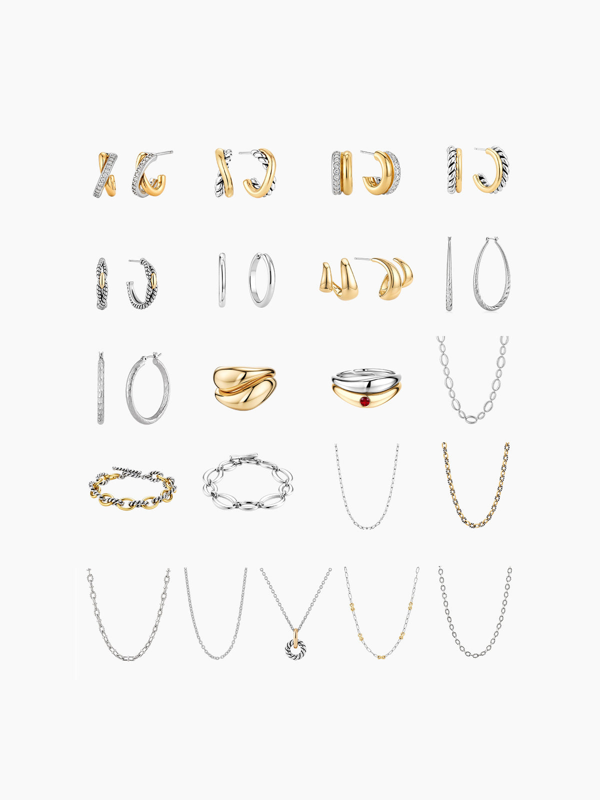 A flat-lay grid display of the necklace assortment included in the kit, featuring various gold and silver chain styles, pendants, and bracelets arranged vertically.