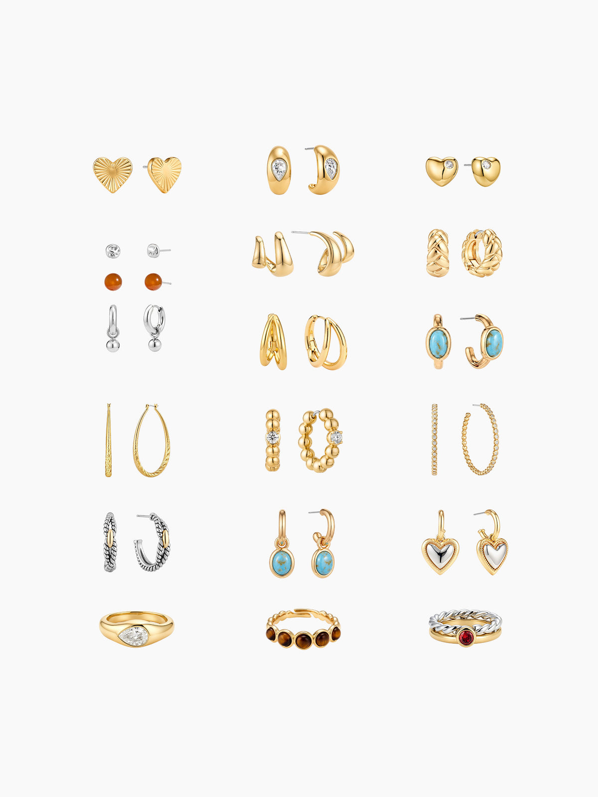  A flat-lay grid display of the earring assortment included in the kit, showing pairs of gold and silver earrings (studs, hoops, and drops) arranged neatly.