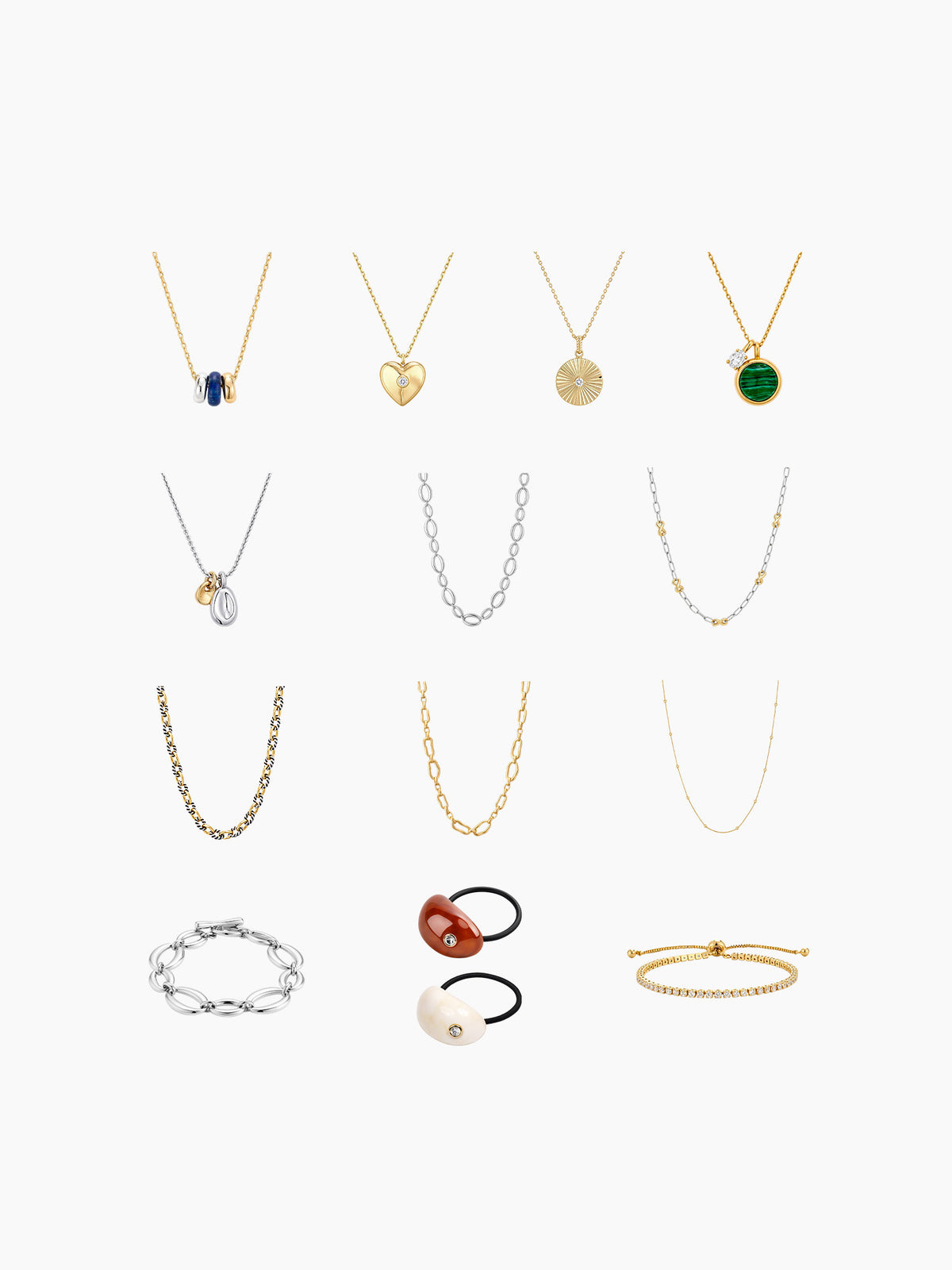 A flat-lay grid display of the necklace assortment included in the kit, featuring various gold and silver chain styles, pendants, and bracelets arranged vertically.
