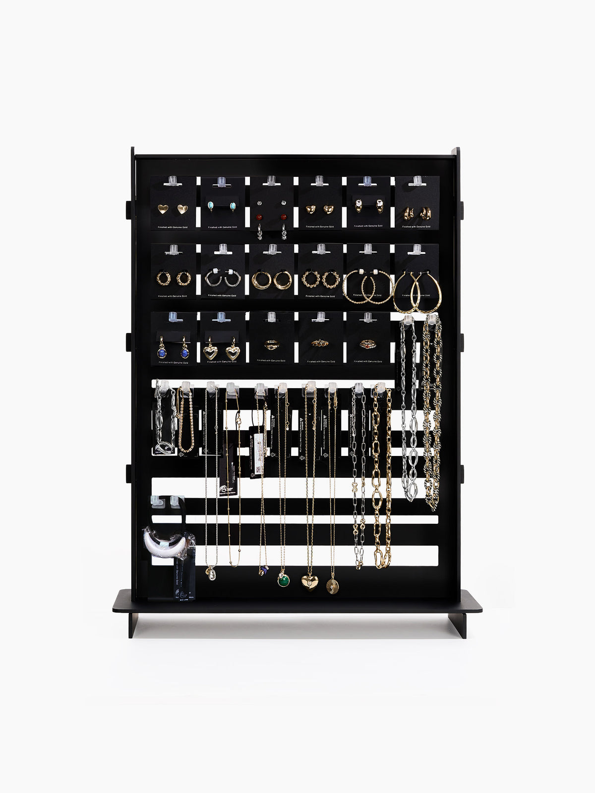 The black wooden jewelry display rack fully stocked with earrings, necklaces, and bracelets from the Cosmo $199 Starting Kit, shown on a plain white background.
