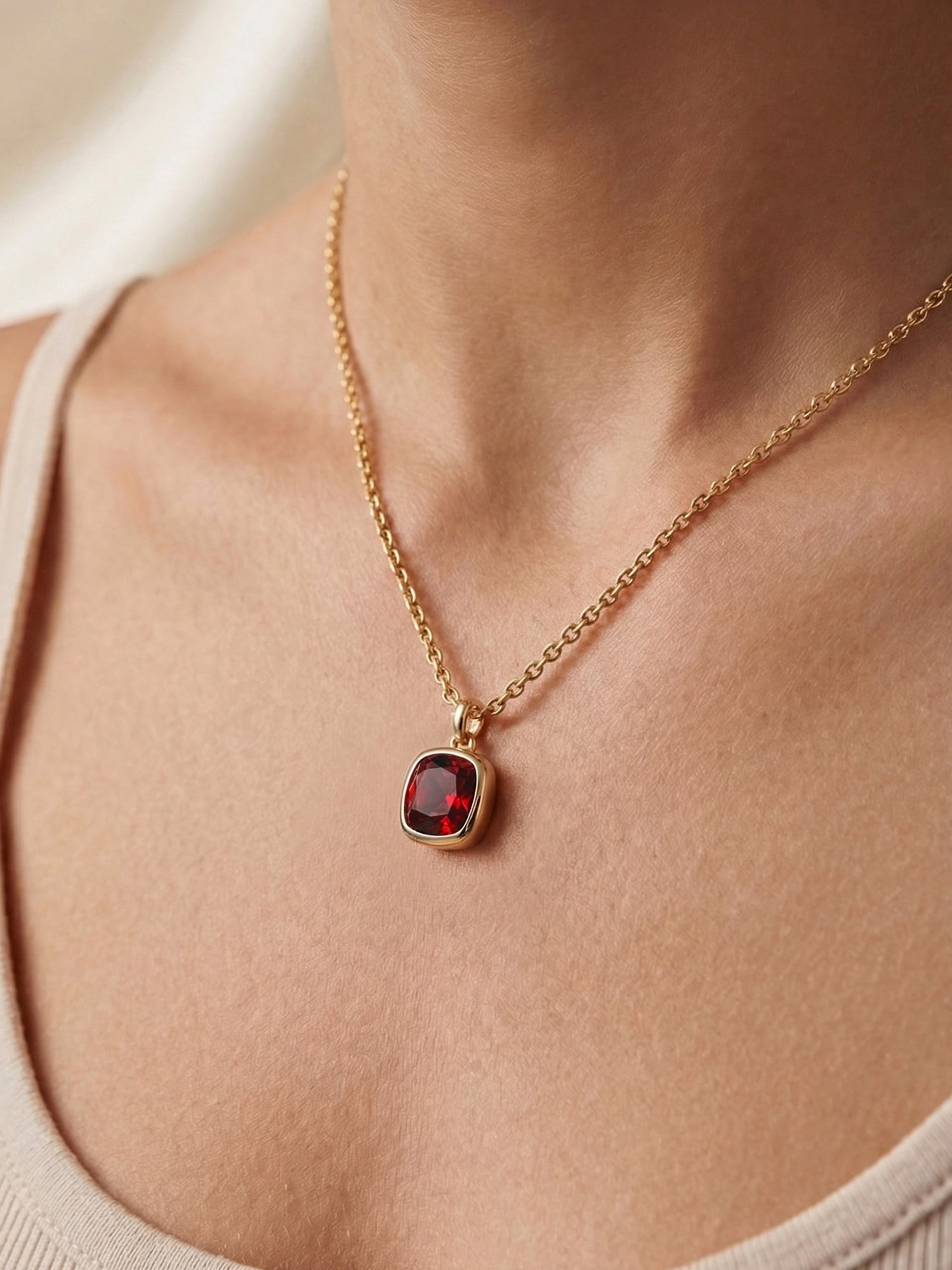 Cushion Red Crystal Pendant Necklace in Gold