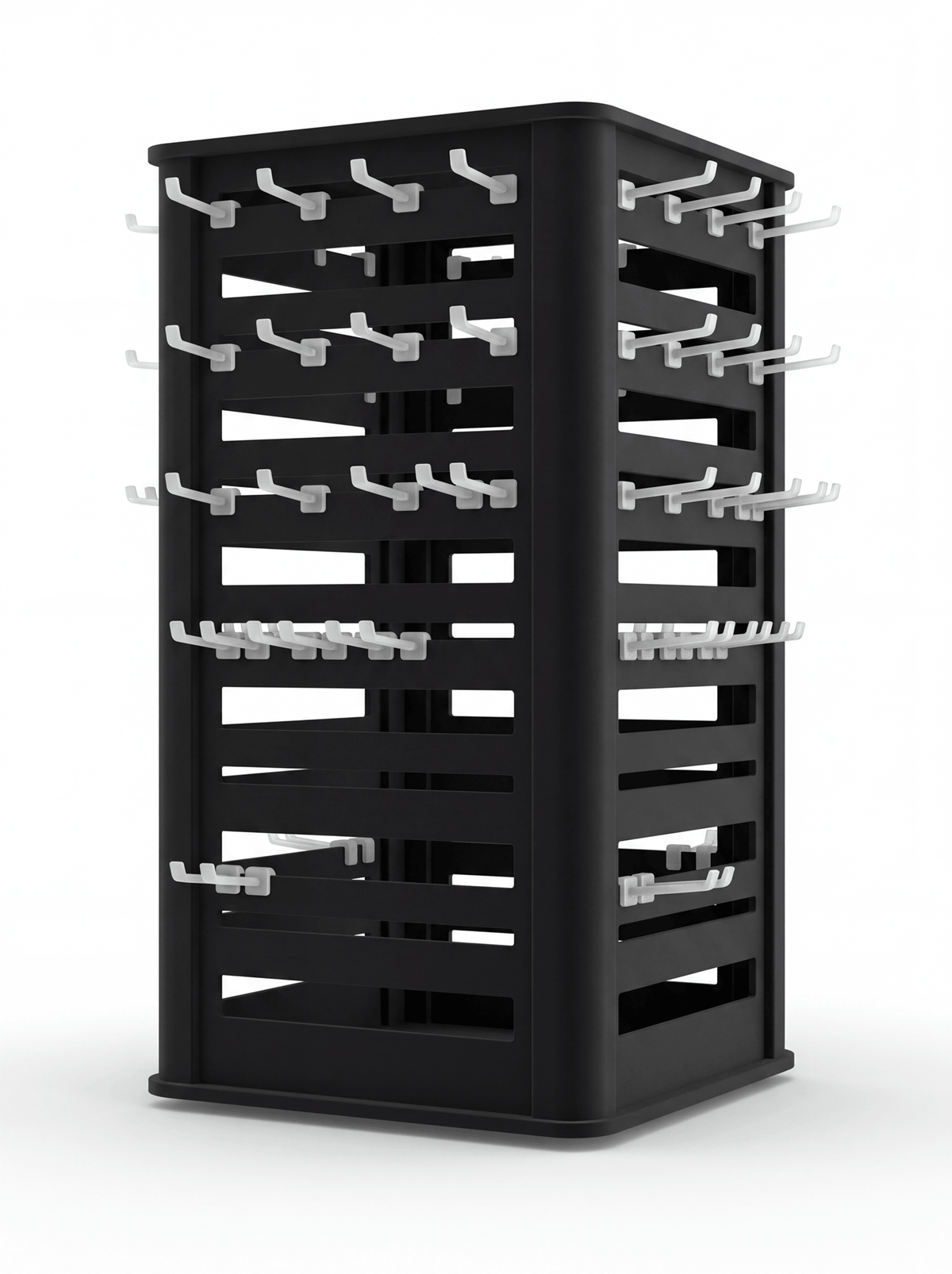 A black rotating jewelry spinner display rack filled with clear acrylic hooks on all four sides, displayed on a plain white background.