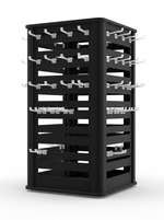 A black rotating jewelry spinner display rack filled with clear acrylic hooks on all four sides, displayed on a plain white background.
