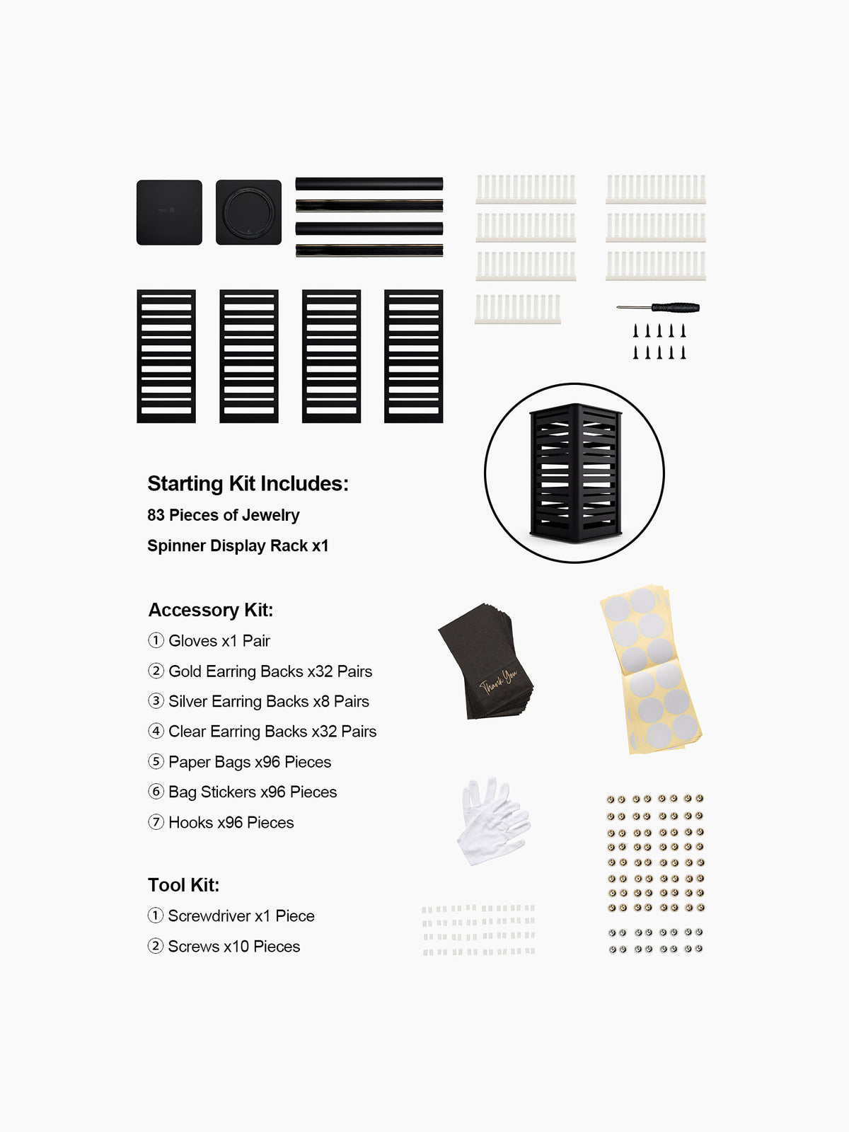 A flat-lay image showing the product box includes.