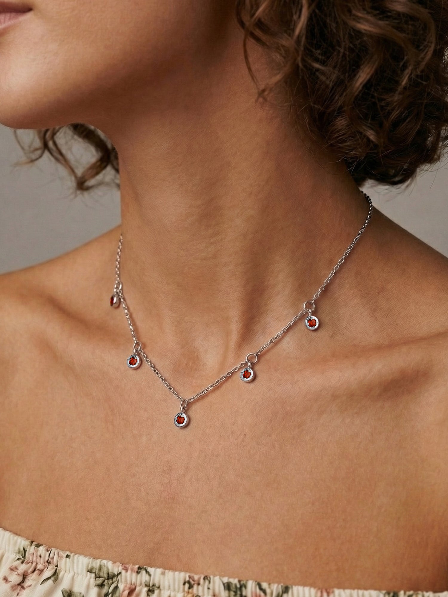 Scattered Red Heart Necklace in Silver