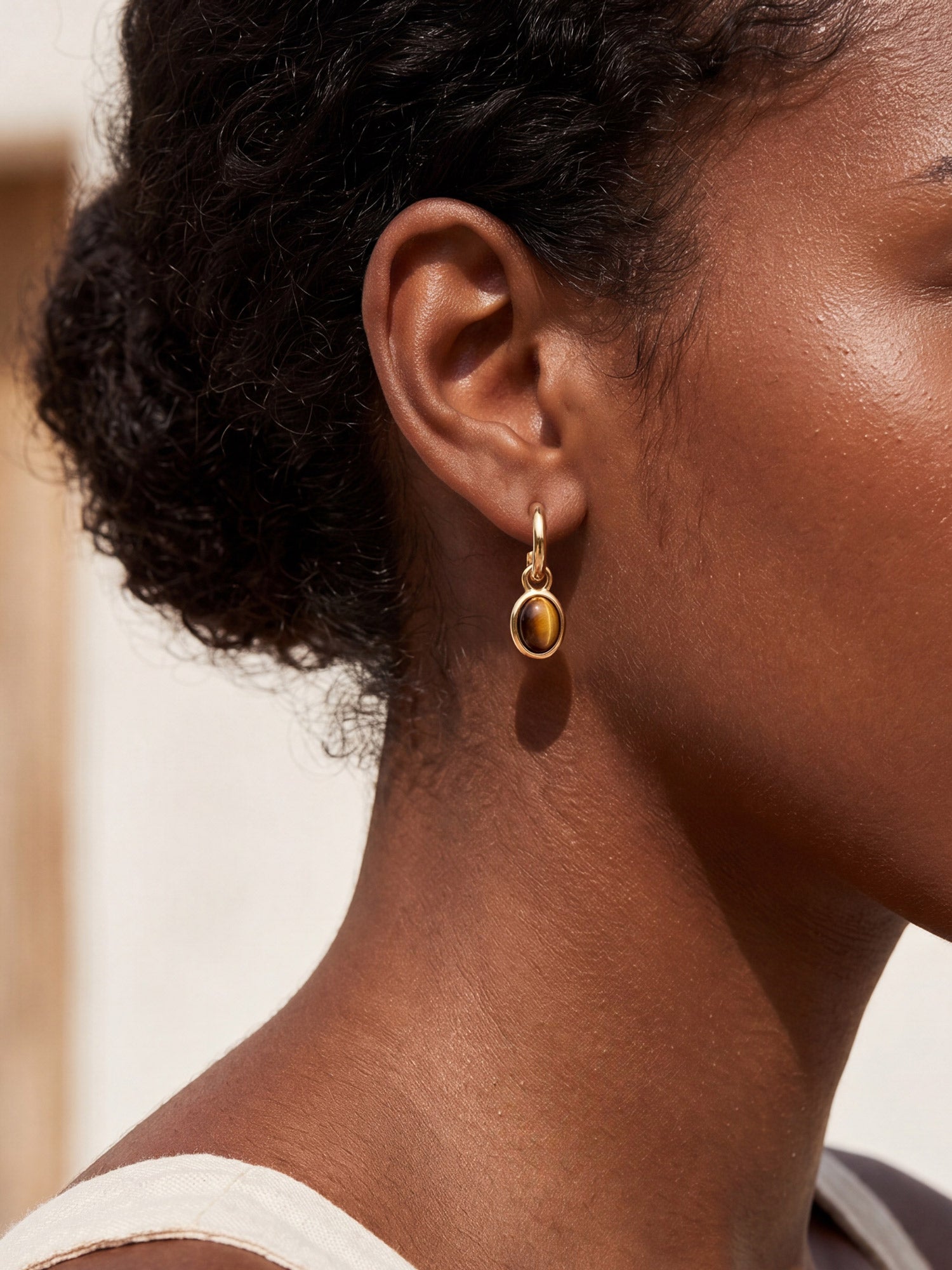 Tiger Eye Charm Hoops in Gold
