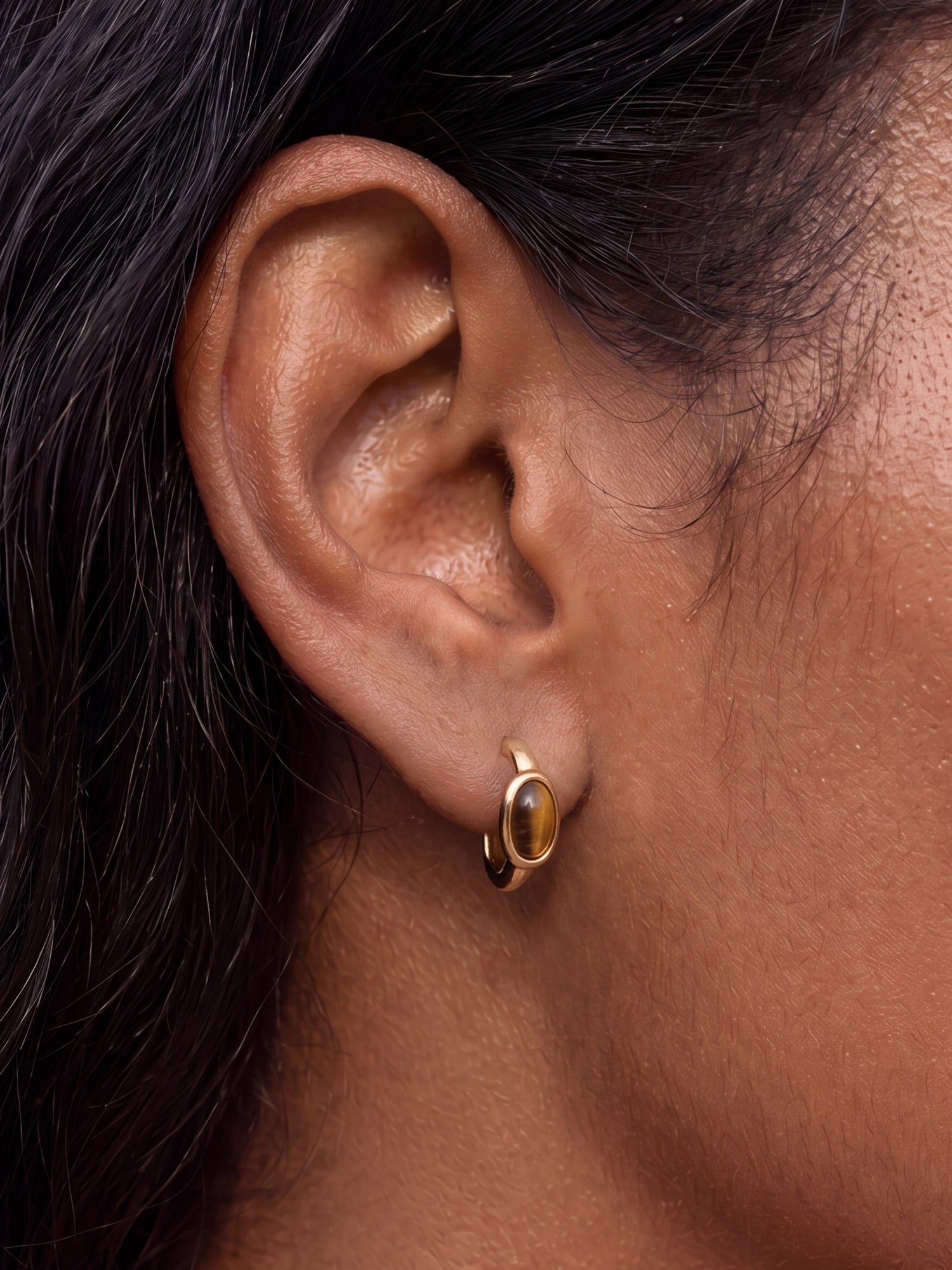 Tiger Eye Stone Hoops in Gold