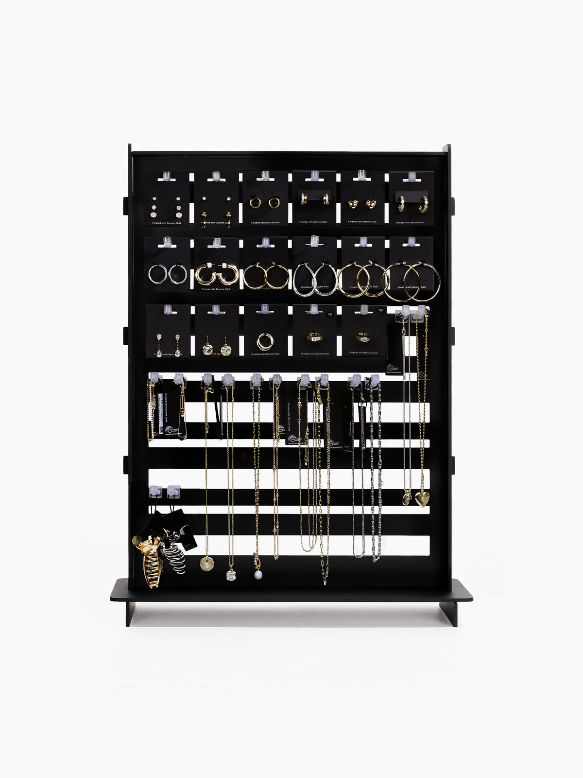 The black wooden jewelry display rack fully stocked with earrings, necklaces, and bracelets from the Timeless $199 Starting Kit, shown on a plain white background.