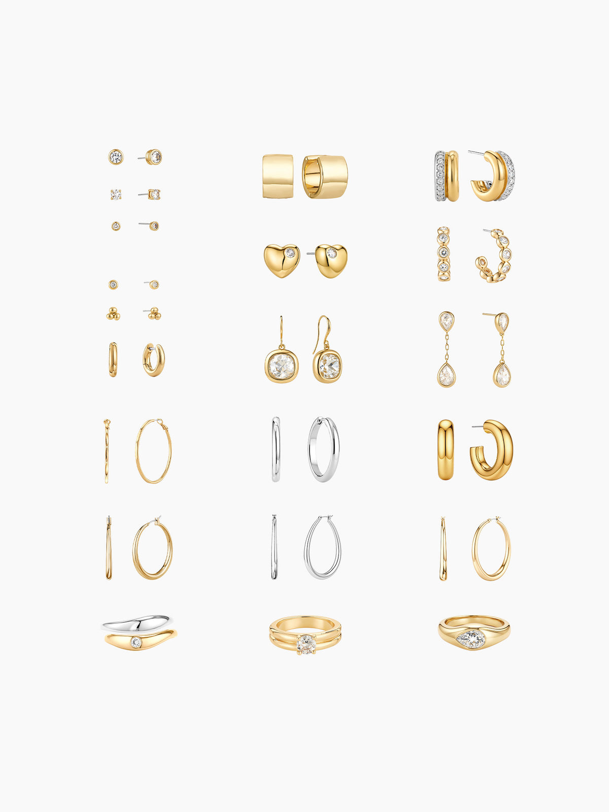 A flat-lay grid display of the earring assortment included in the kit, showing pairs of gold and silver earrings (studs, hoops, and drops) arranged neatly.