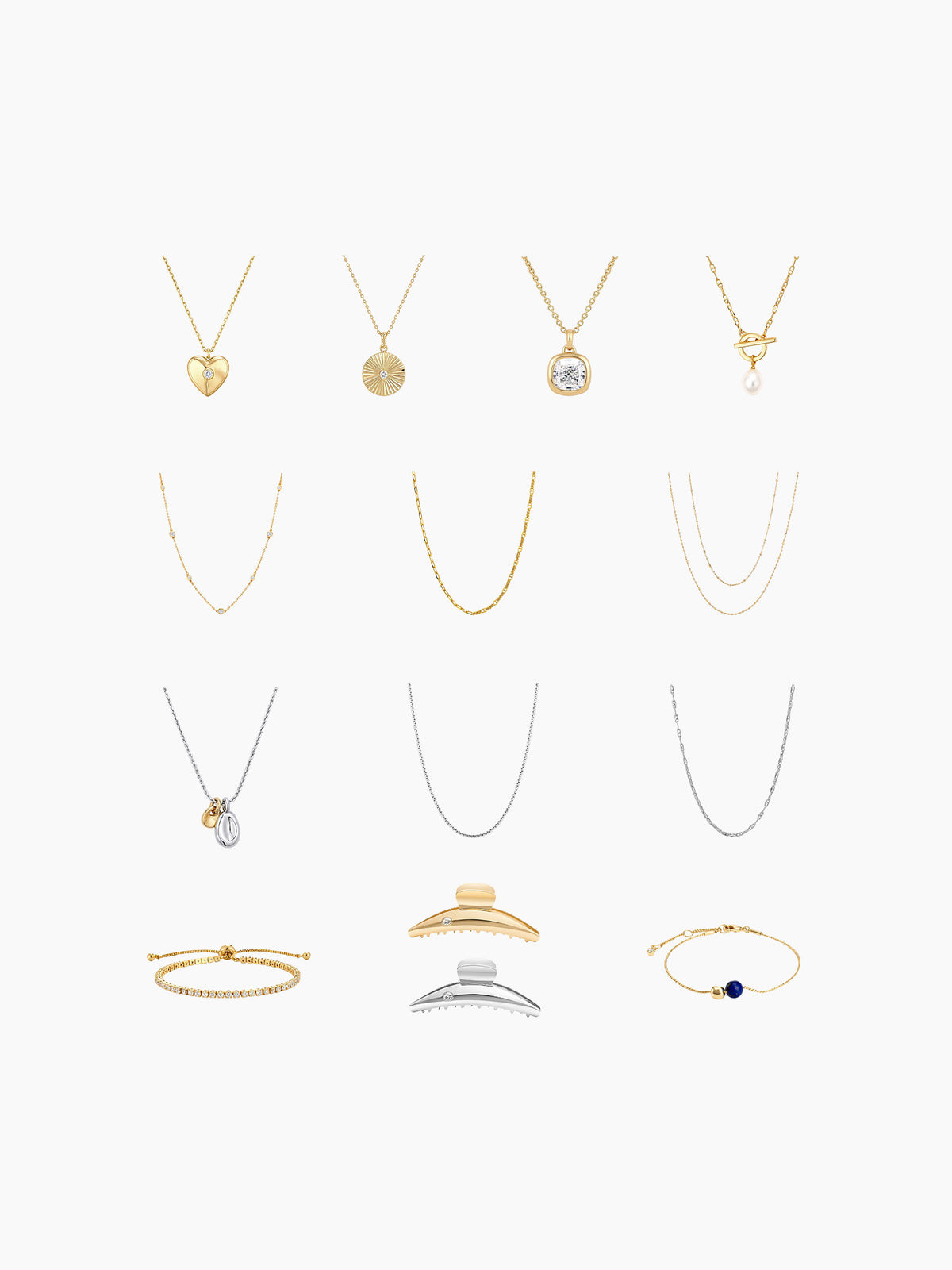 A flat-lay grid display of the necklace assortment included in the kit, featuring various gold and silver chain styles, pendants, and bracelets arranged vertically.