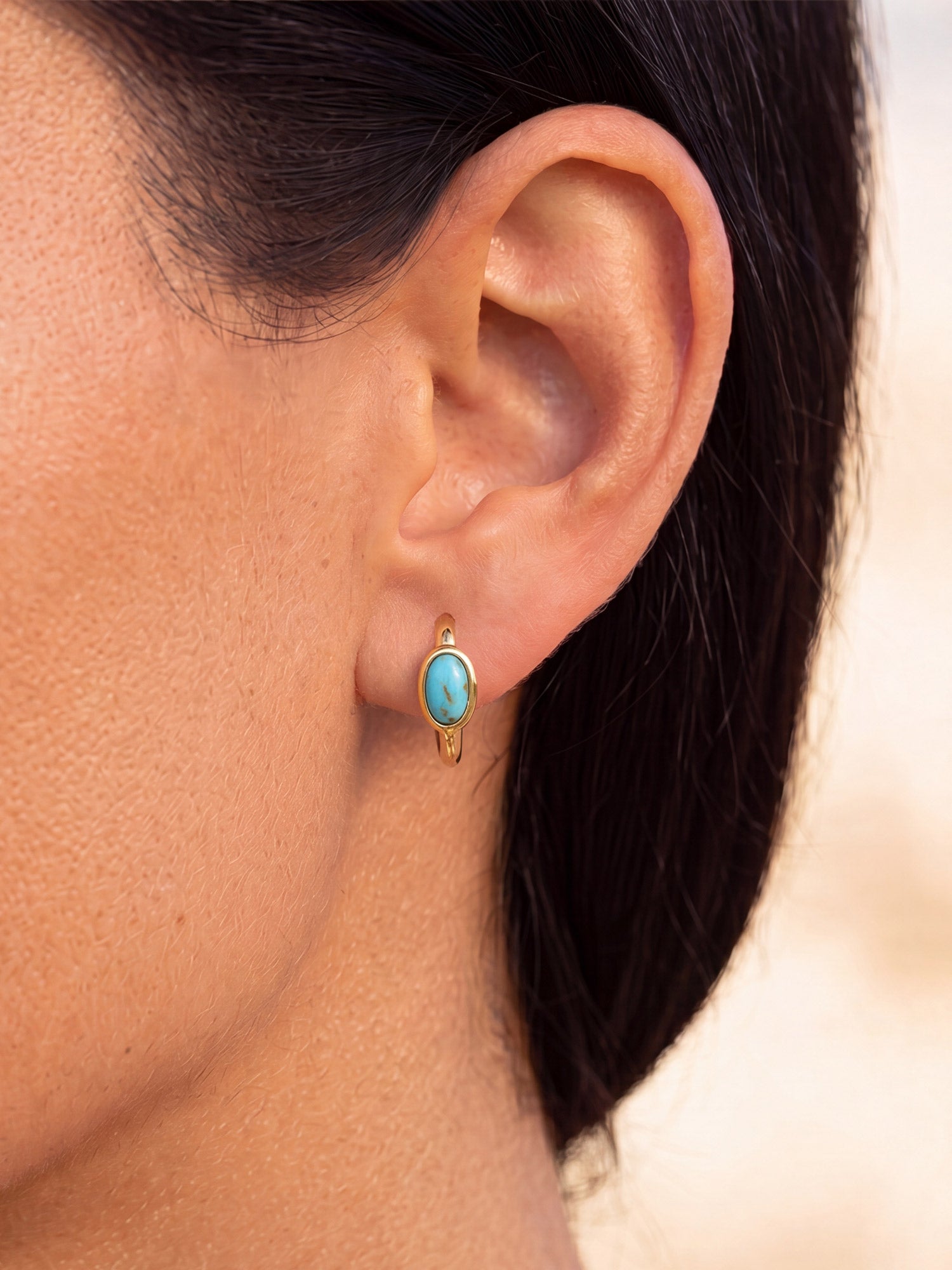 Turquoise Stone Hoops in Gold