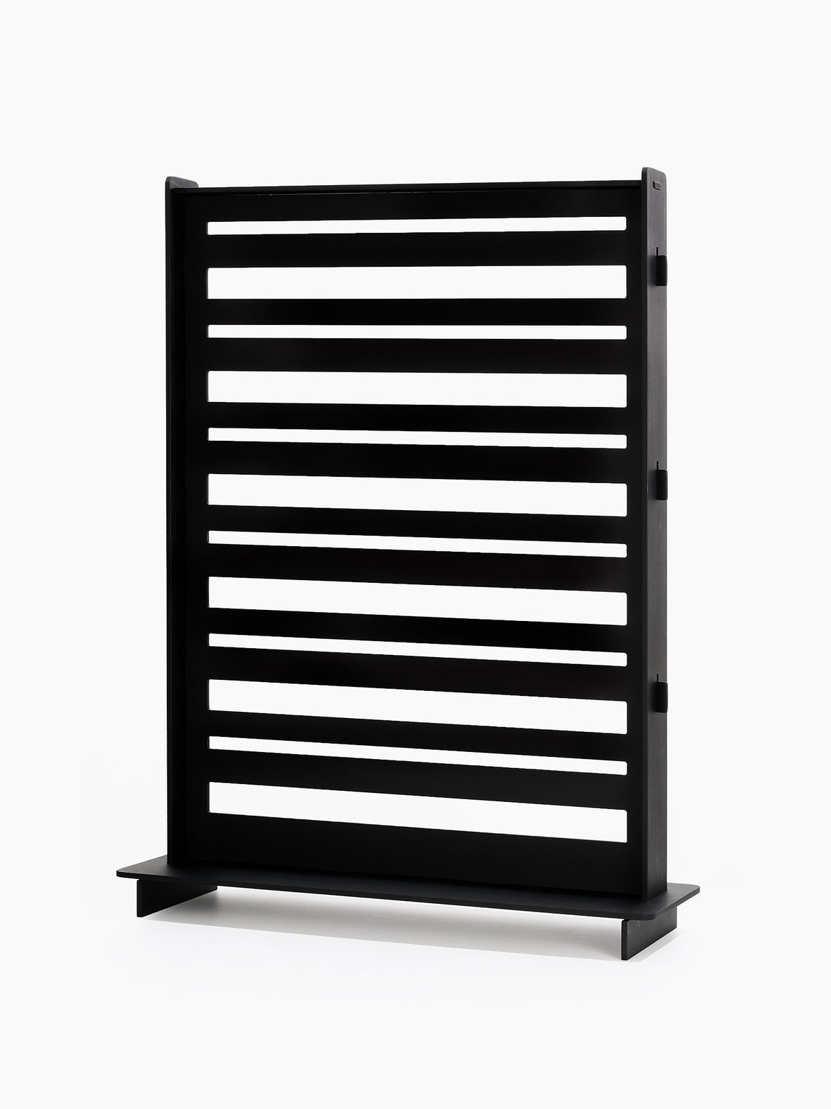 A straight-on side profile of the empty black wood jewelry display rack, showing its flat, two-sided structure.