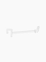A side view of a single clear acrylic hook, highlighting the prongs and the mount that fits into the display rack slats.