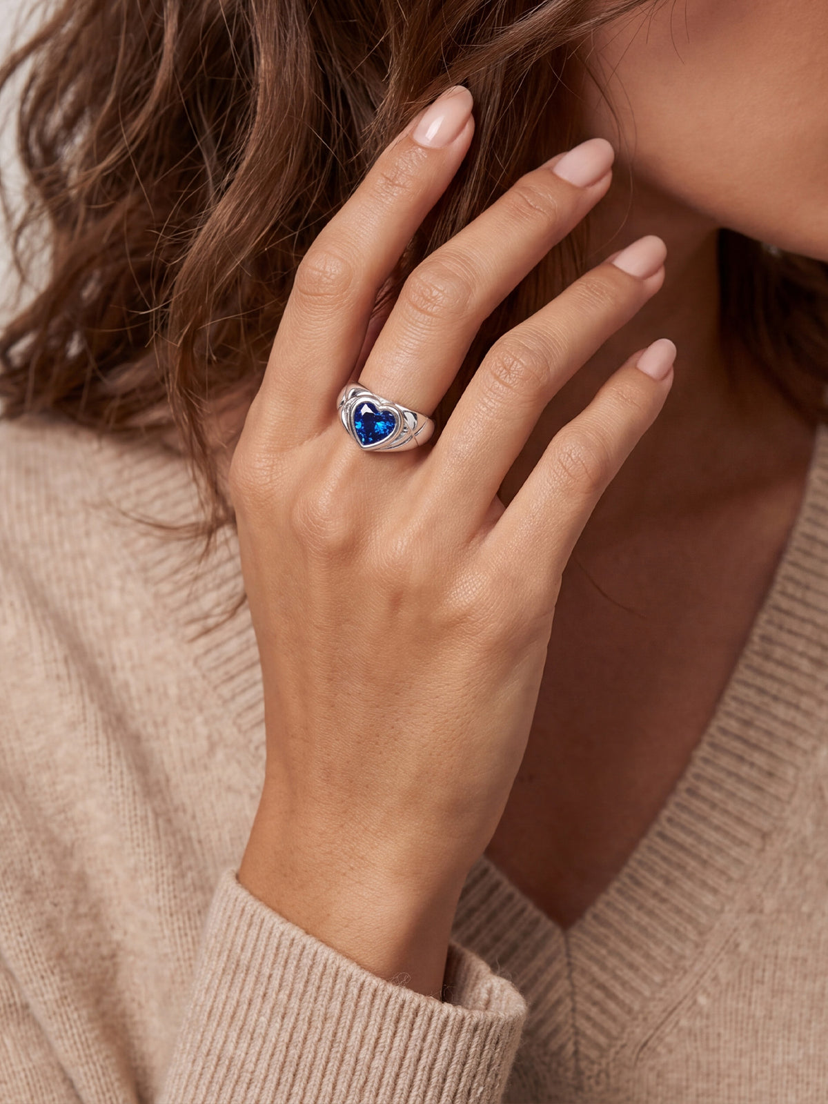 Blue CZ Heart Ring in Silver