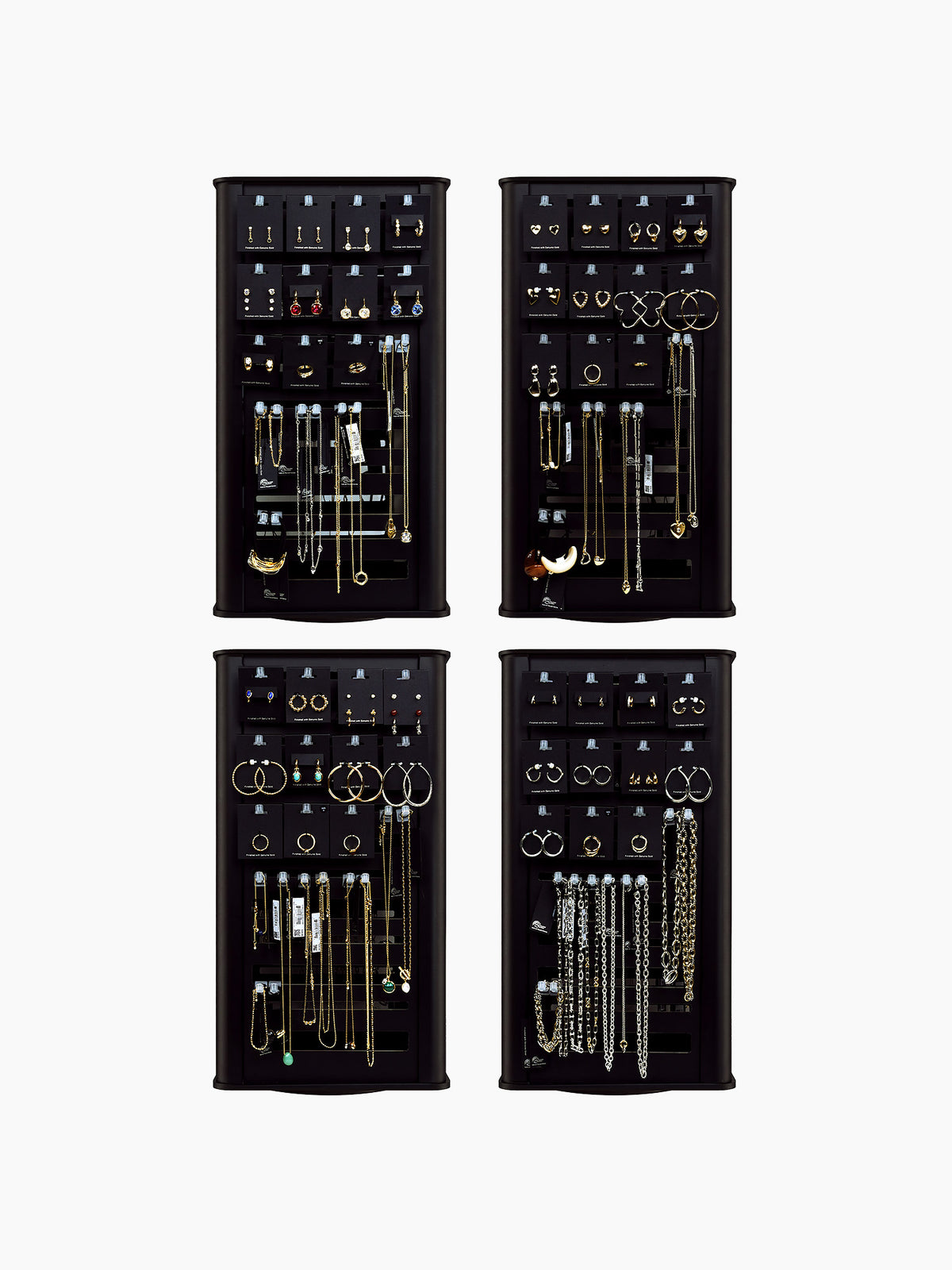 Jewelry display racks, retail black wood jewelry organizer tower featuring hanging earrings, necklaces, and bracelets, wholesale jewelry showcase stand.