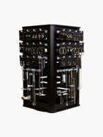 4-sided rotating black wood jewelry display racks with earrings and necklaces, retail wholesale showcase.