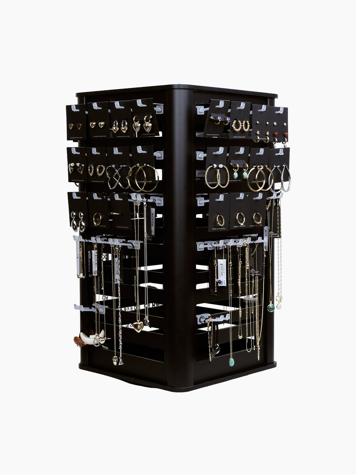 4-sided rotating black wood jewelry display racks with earrings and necklaces, retail wholesale showcase.