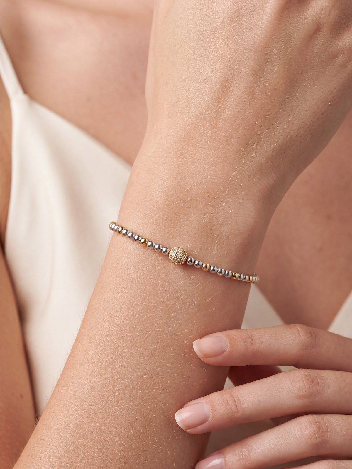 Pave Sphere Mixed Metal Beaded Bracelet