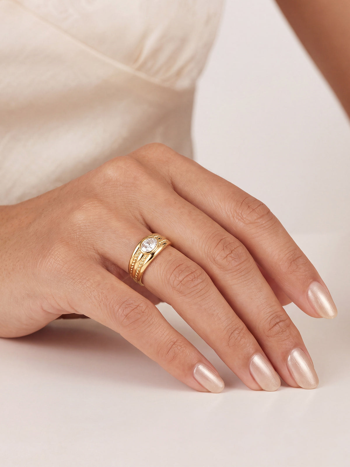 Wide Band Oval CZ Ring in Gold